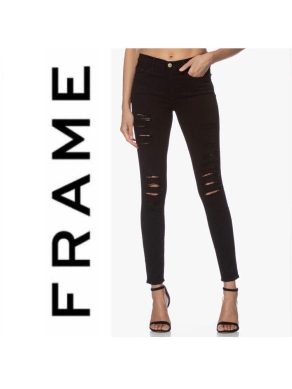 FRAME Le Skinny De Jeanne Black Distressed Jeans  Stretch  Goth Womens sz 25